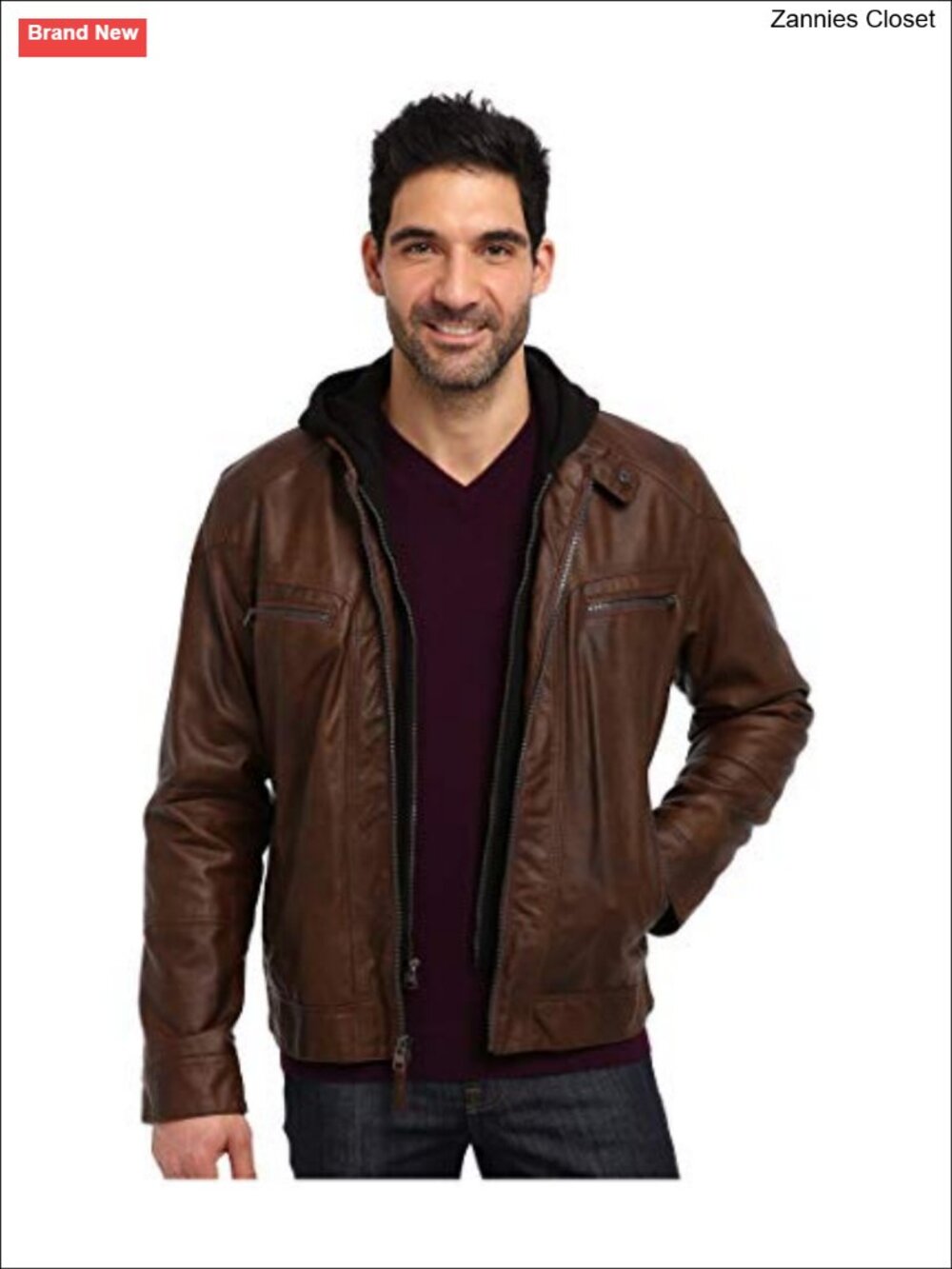 Men's Faux Leather Motorcycle Jacket with Removable Hood Moto Biker Coat